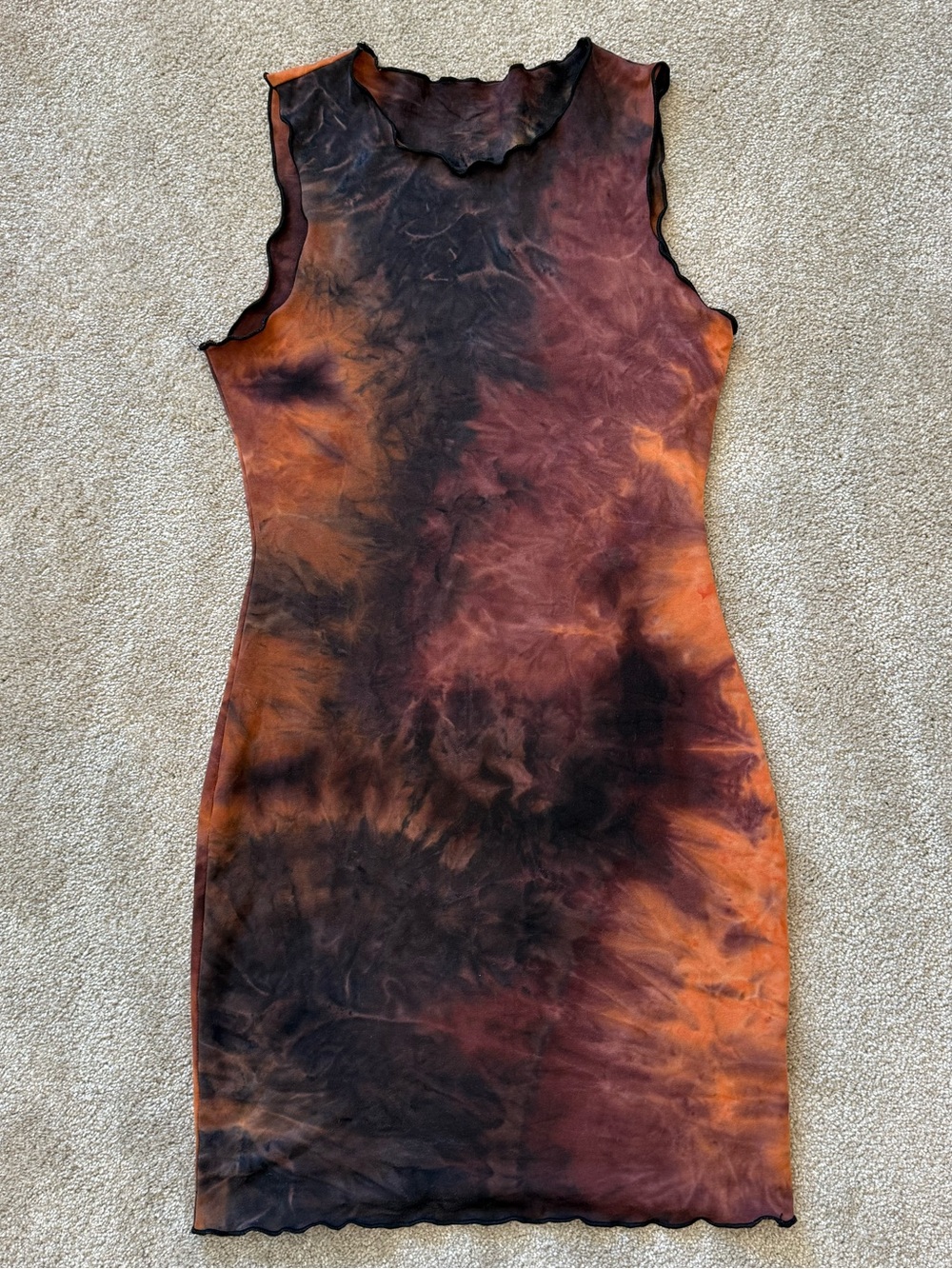 SHEIN Tie Dye Bodycon Dress Brown Black Stretch Lettuce Hem Size M
